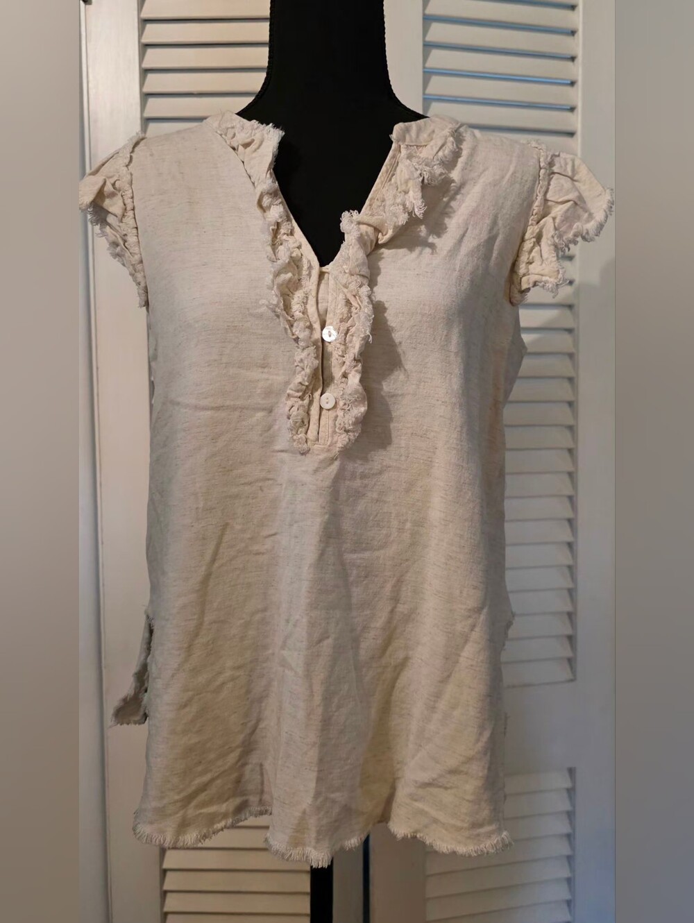 Jodifl Raw hem Fringe ruffle Top Crafted In A Neutral Beige Or Cream Tone. - Picture 1 of 6